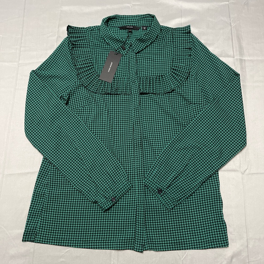 Vera‎ Moda Green Houndstooth Button-Up Blouse NWT | Office Chic Y2K